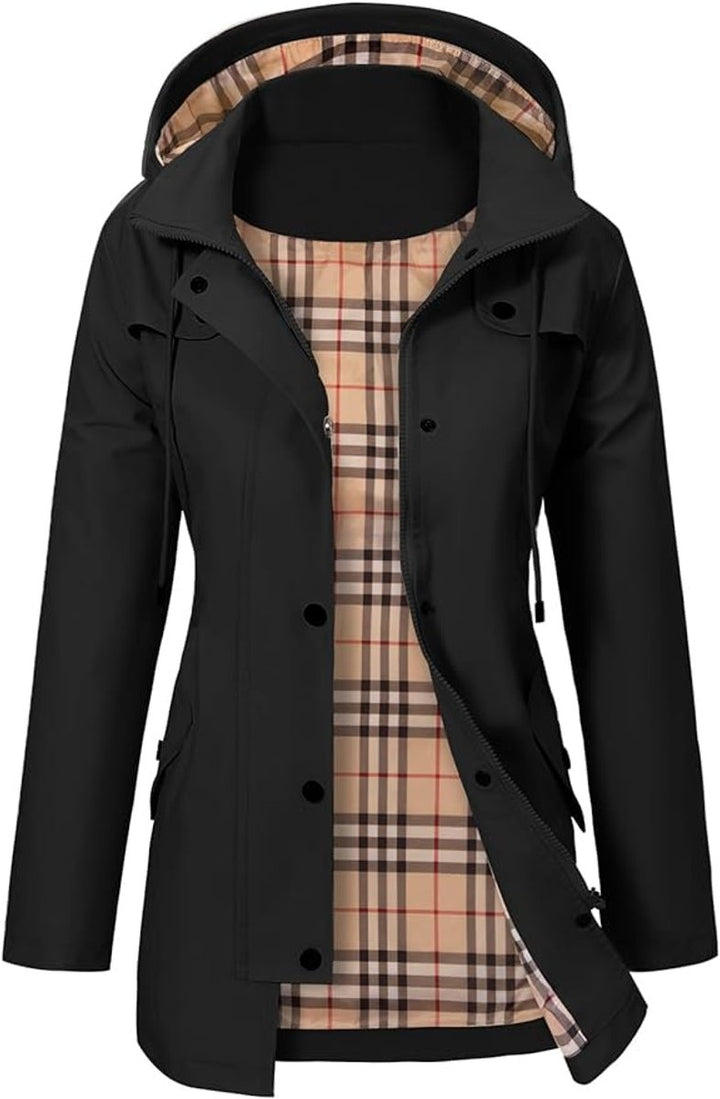 Women's Hooded Waterproof Trench Coat Tartan-Lined Parka