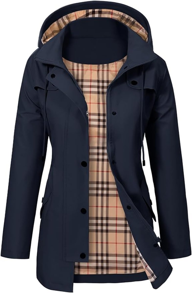 Women's Hooded Waterproof Trench Coat Tartan-Lined Parka