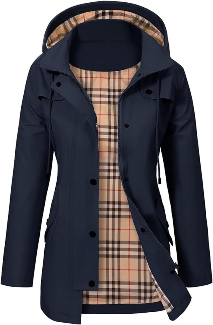 Women's Hooded Waterproof Trench Coat Tartan-Lined Parka