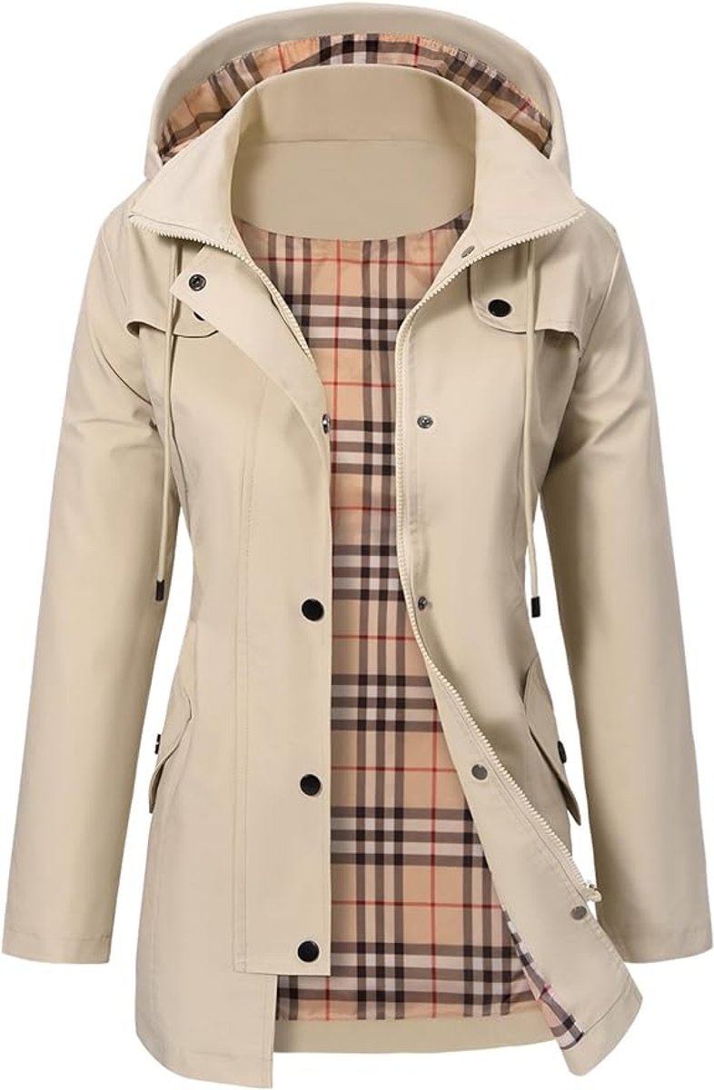 Women's Hooded Waterproof Trench Coat Tartan-Lined Parka