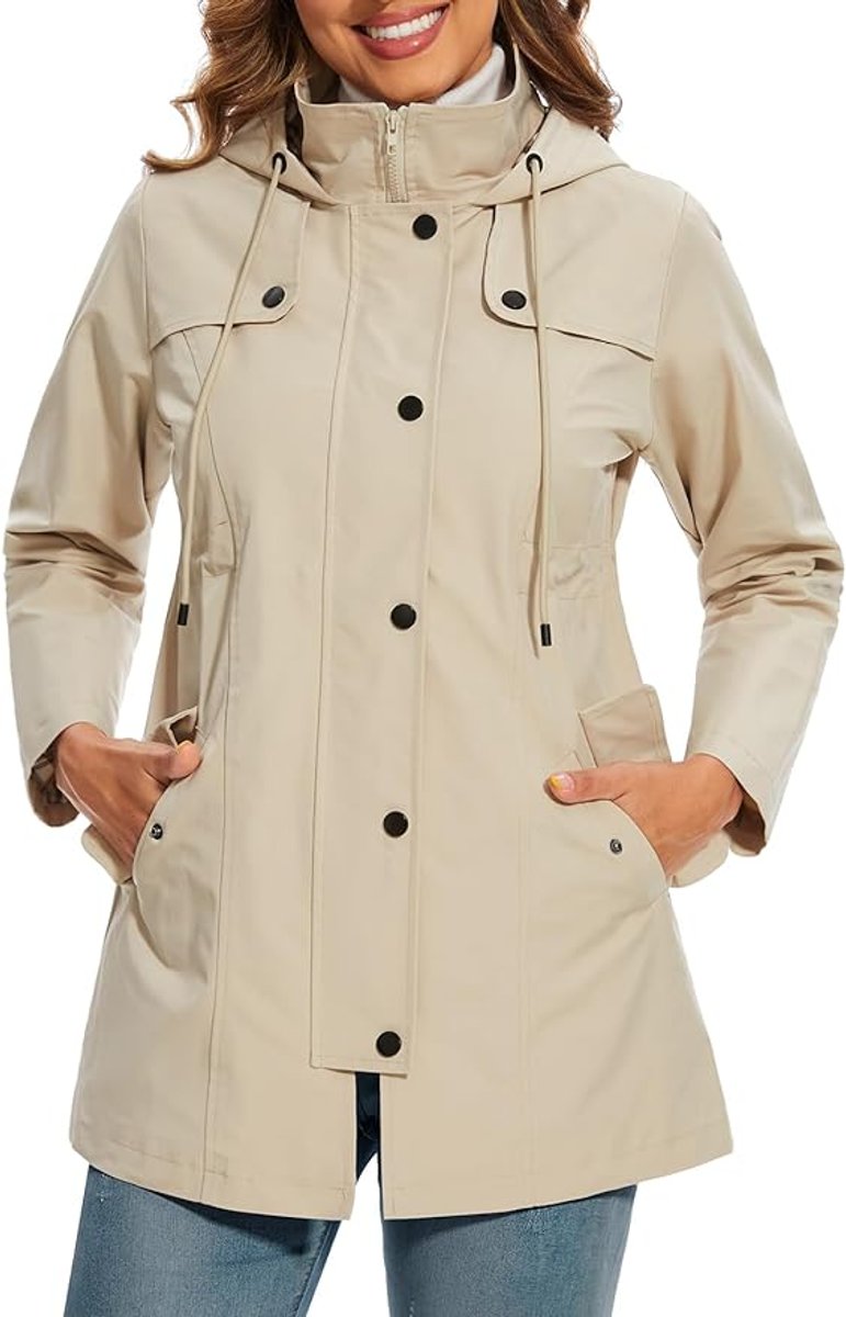 Women's Hooded Waterproof Trench Coat Tartan-Lined Parka