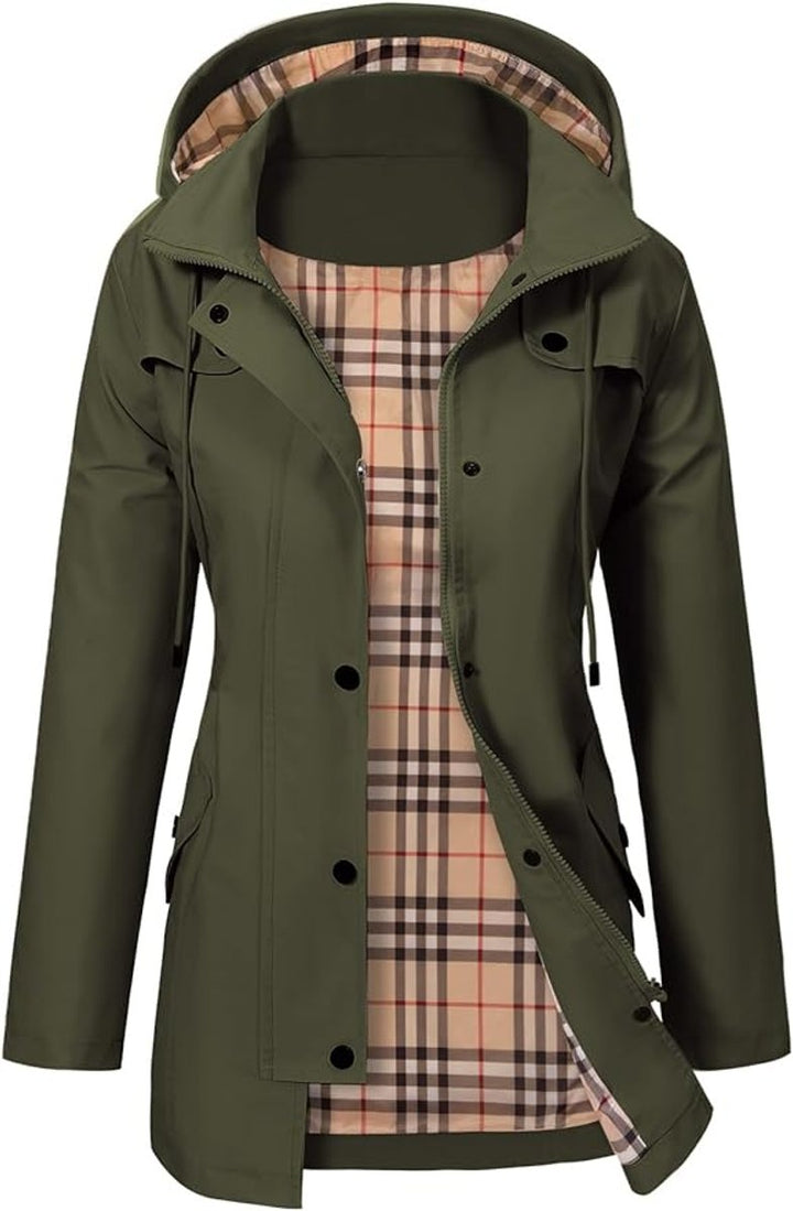 Women's Hooded Waterproof Trench Coat Tartan-Lined Parka