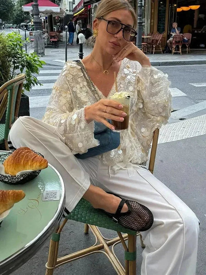 Women's Ivory Sequin Long-Sleeve V-Neck Wrap Blouse