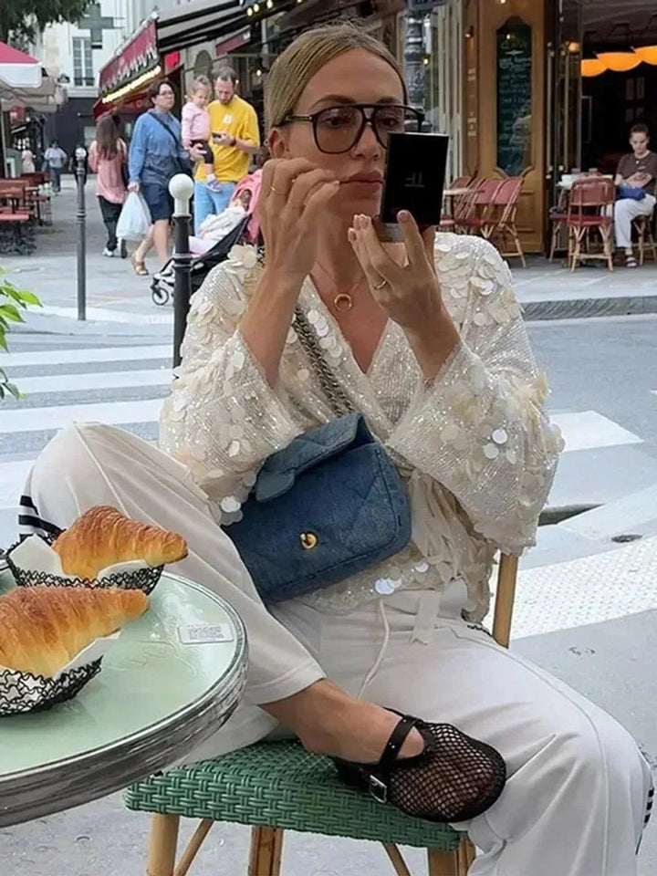 Women's Ivory Sequin Long-Sleeve V-Neck Wrap Blouse