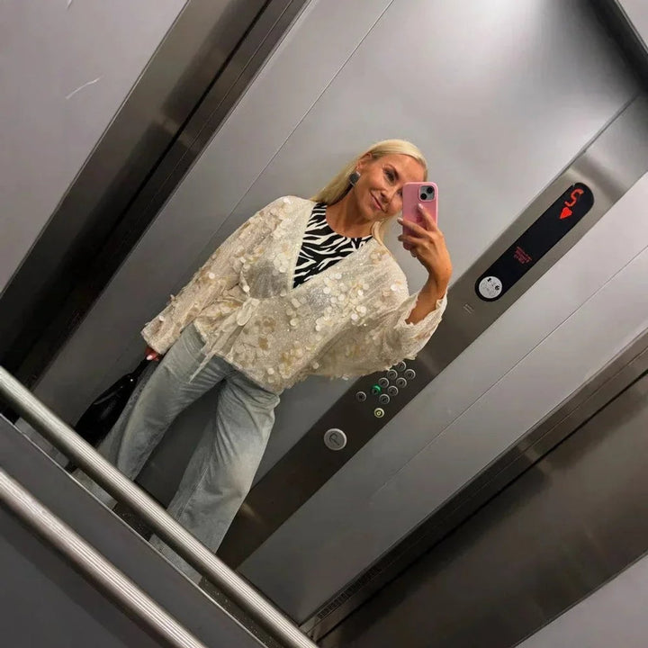 Women's Ivory Sequin Long-Sleeve V-Neck Wrap Blouse