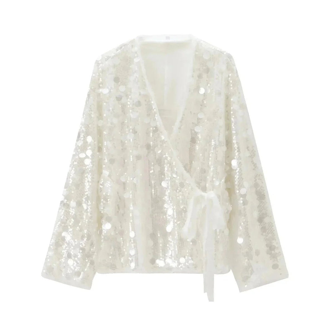 Women's Ivory Sequin Long-Sleeve V-Neck Wrap Blouse
