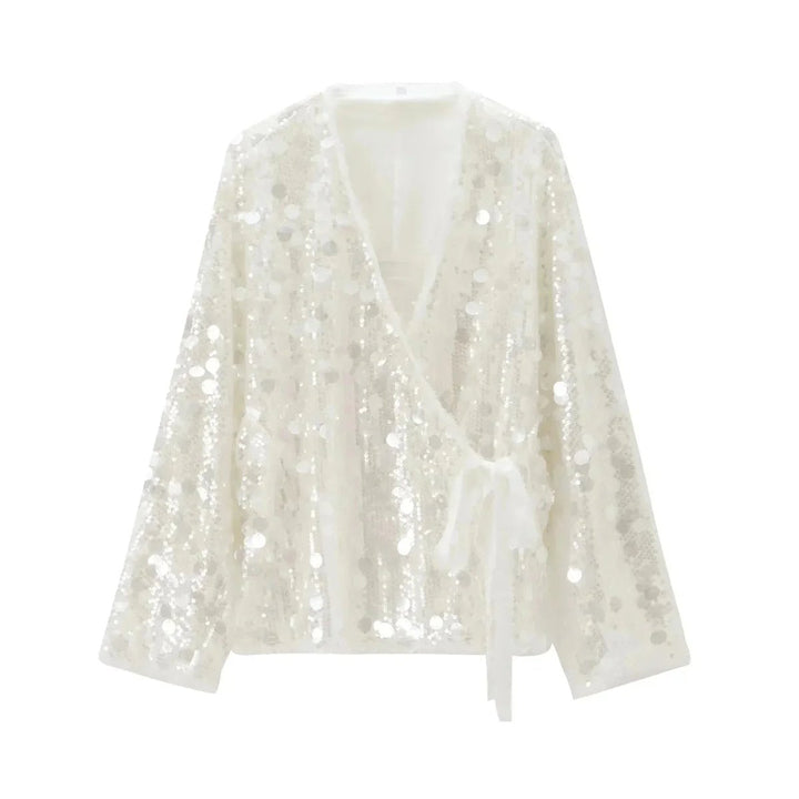 Women's Ivory Sequin Long-Sleeve V-Neck Wrap Blouse