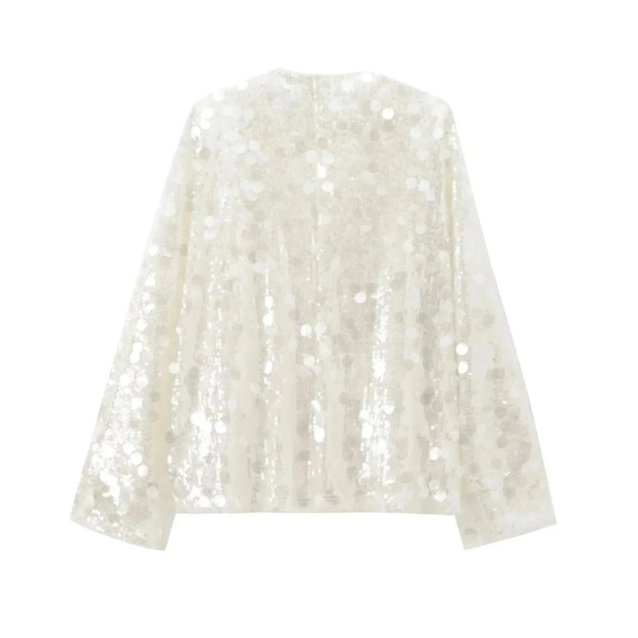 Women's Ivory Sequin Long-Sleeve V-Neck Wrap Blouse