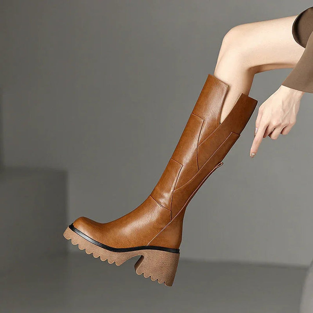 Women's Knee-High Block-Heel Leather-Look Zip-Up Boots