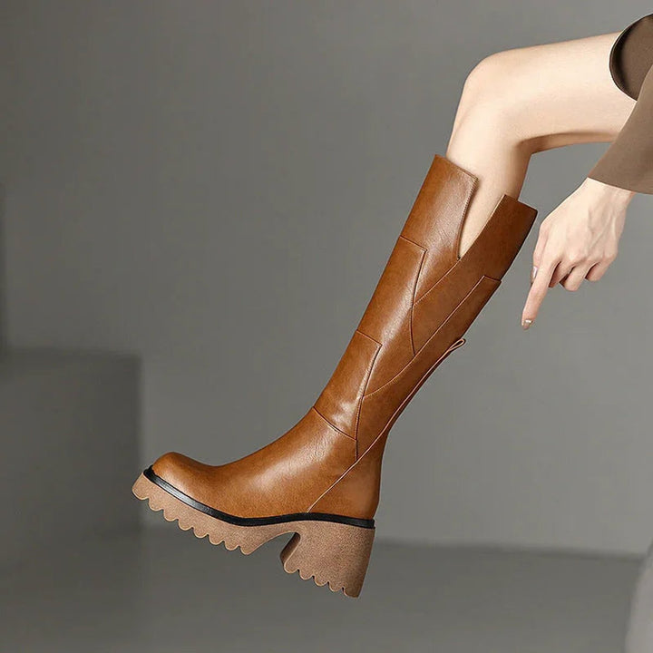 Women's Knee-High Block-Heel Leather-Look Zip-Up Boots