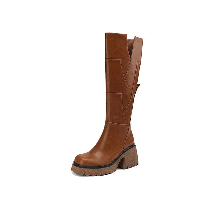 Women's Knee-High Block-Heel Leather-Look Zip-Up Boots