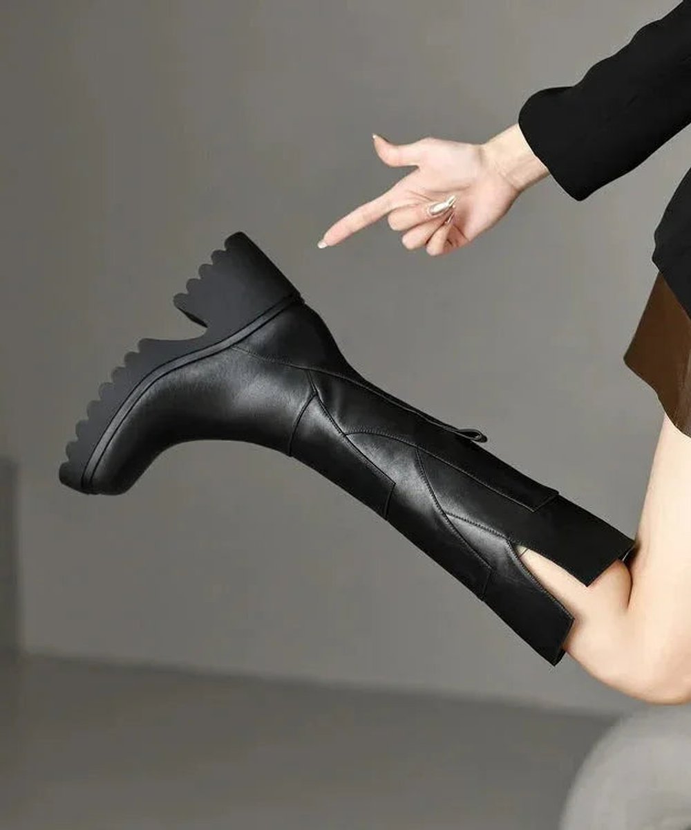 Women's Knee-High Block-Heel Leather-Look Zip-Up Boots