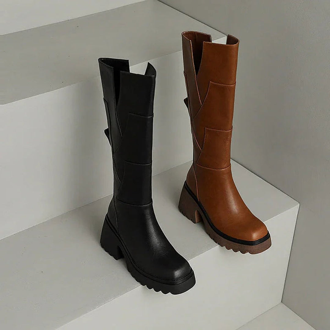Women's Knee-High Block-Heel Leather-Look Zip-Up Boots