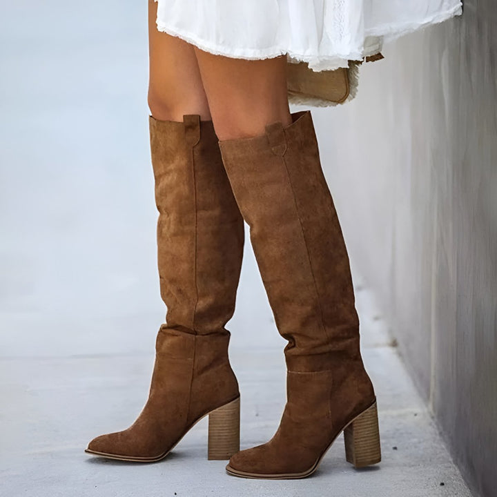 Women's Knee-High Block-Heel Pointed-Toe Suede Boots