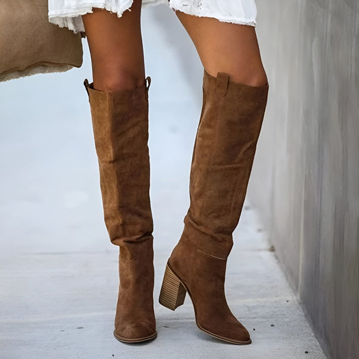 Women's Knee-High Block-Heel Pointed-Toe Suede Boots