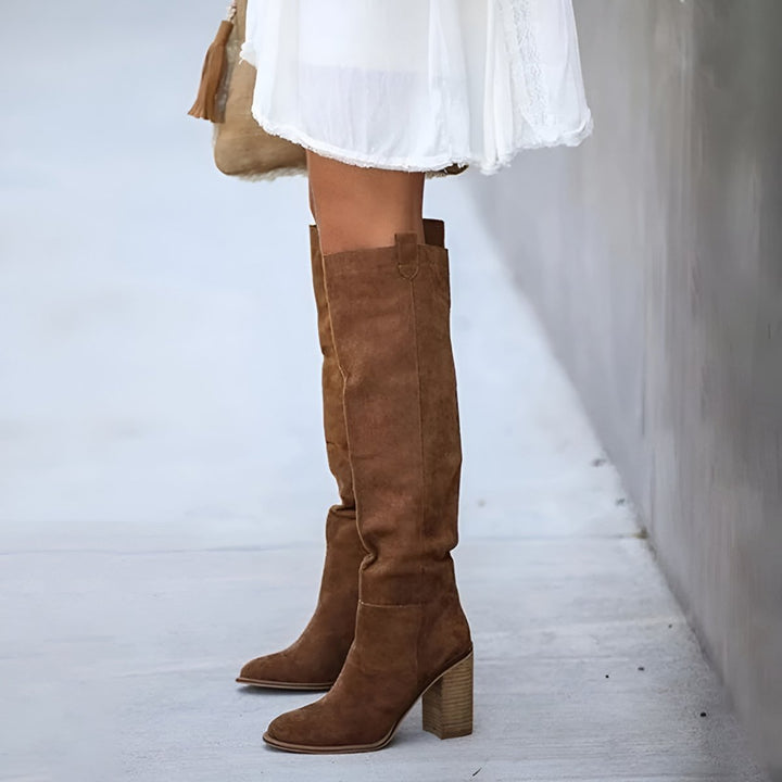 Women's Knee-High Block-Heel Pointed-Toe Suede Boots