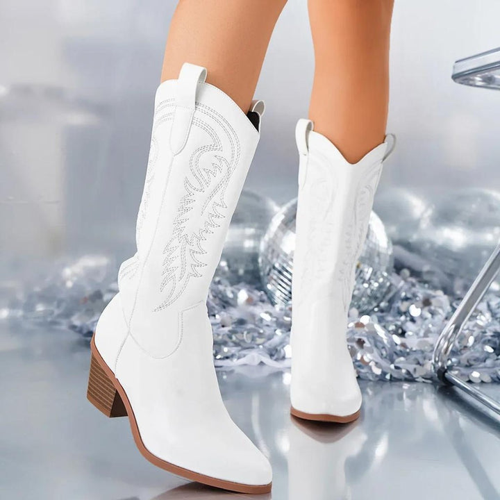 Women's Knee-High Block-Heel Western Cowboy Boots Embroidered - White