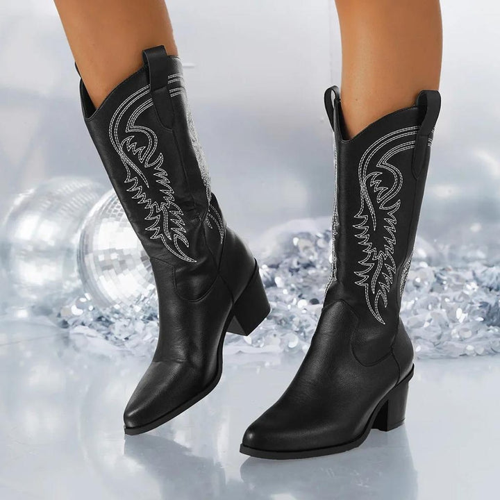 Women's Knee-High Block-Heel Western Cowboy Boots Embroidered - Black