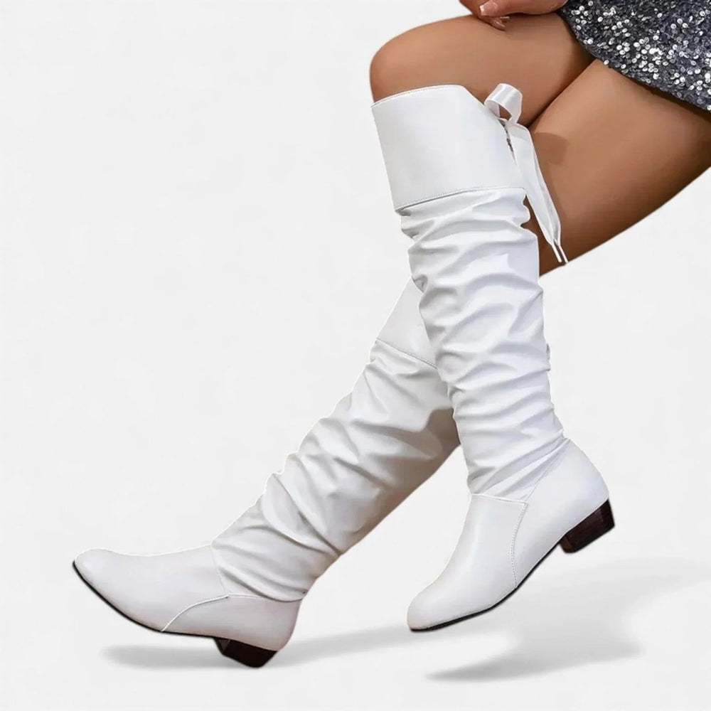 Women's Knee-High Faux Leather Low-Heel Slouch Boots Bow Detail