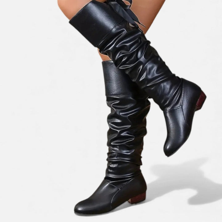 Women's Knee-High Faux Leather Low-Heel Slouch Boots Bow Detail