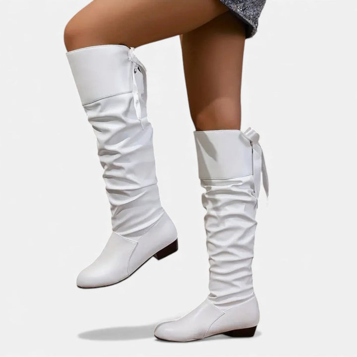 Women's Knee-High Faux Leather Low-Heel Slouch Boots Bow Detail