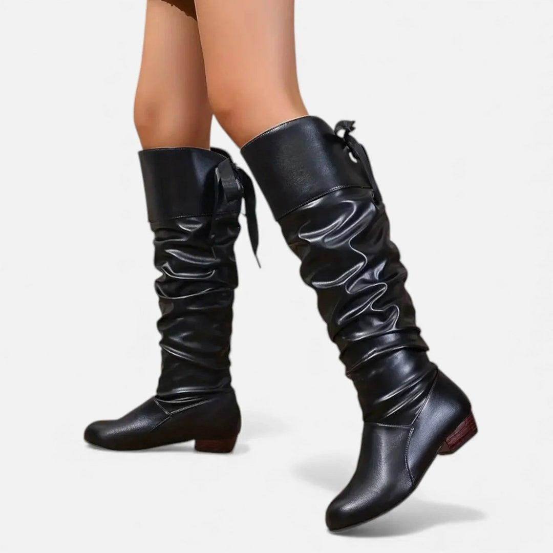 Women's Knee-High Faux Leather Low-Heel Slouch Boots Bow Detail