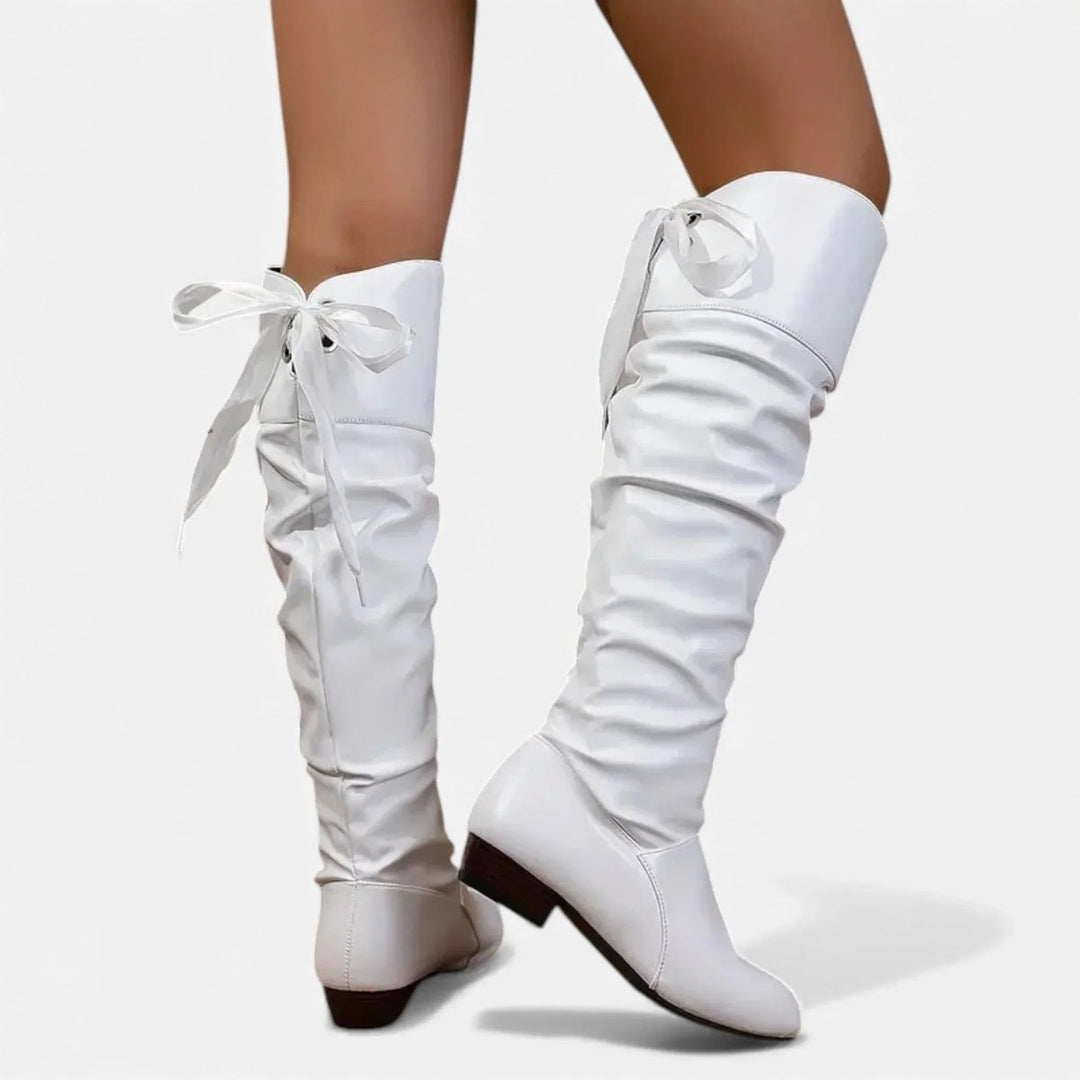 Women's Knee-High Faux Leather Low-Heel Slouch Boots Bow Detail
