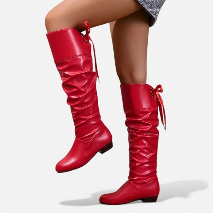 Women's Knee-High Faux Leather Low-Heel Slouch Boots Bow Detail