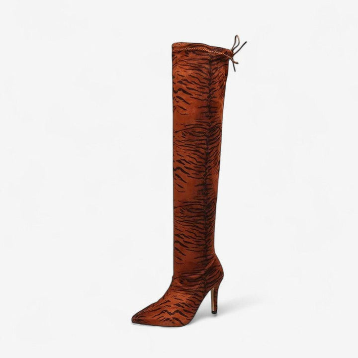 Women's Knee-High Heeled Boots Pointed-Toe Tiger-Print Stiletto