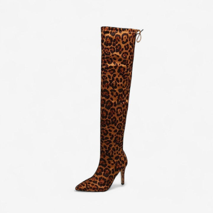 Women's Knee-High Heeled Boots Pointed-Toe Tiger-Print Stiletto