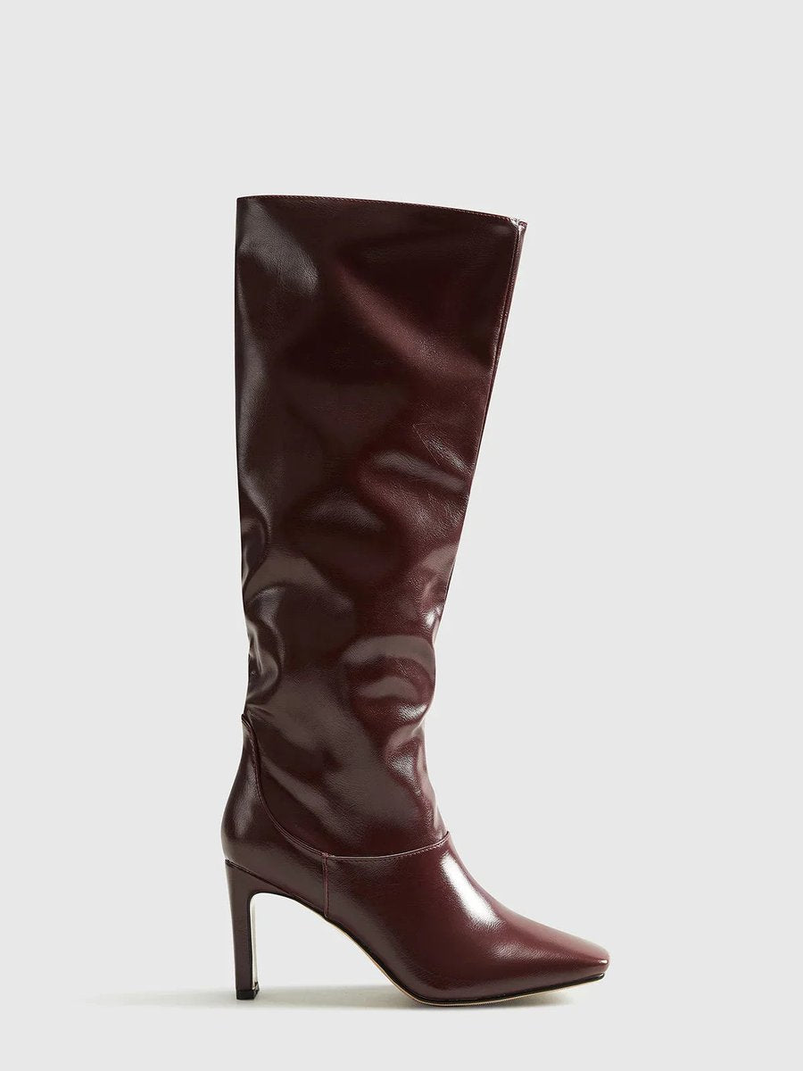Women's Knee-High Heeled Leather-Look Square-Toe Boots