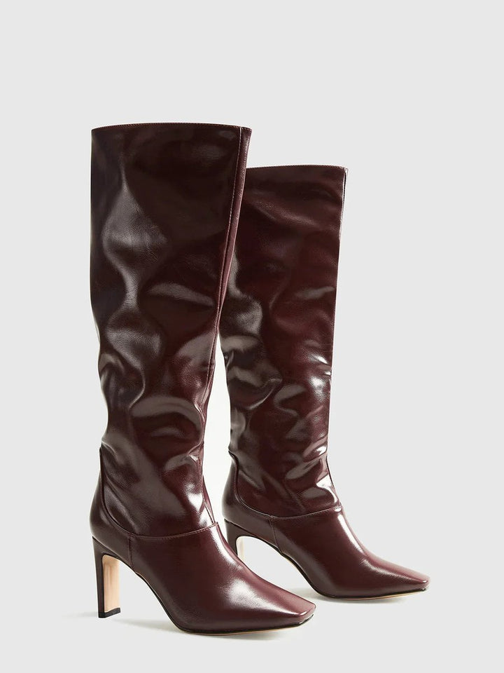 Women's Knee-High Heeled Leather-Look Square-Toe Boots
