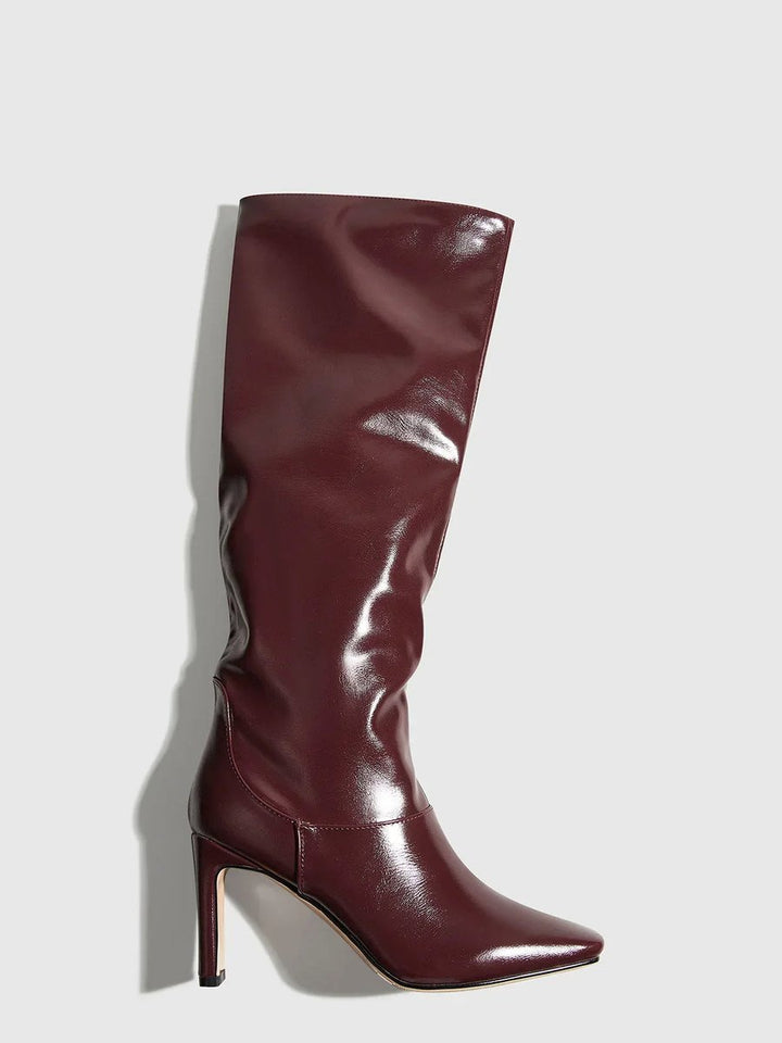 Women's Knee-High Heeled Leather-Look Square-Toe Boots