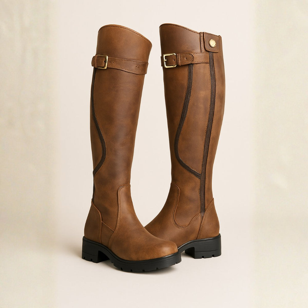 Women's Knee-High Leather-Look Block-Heel Riding Boots Gold Buckle - Brown