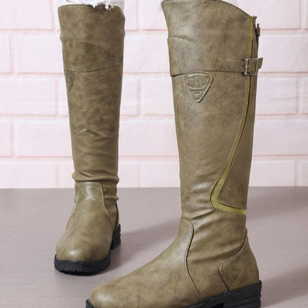 Women's Knee-High Leather-Look Block-Heel Riding Boots Gold Buckle - Green