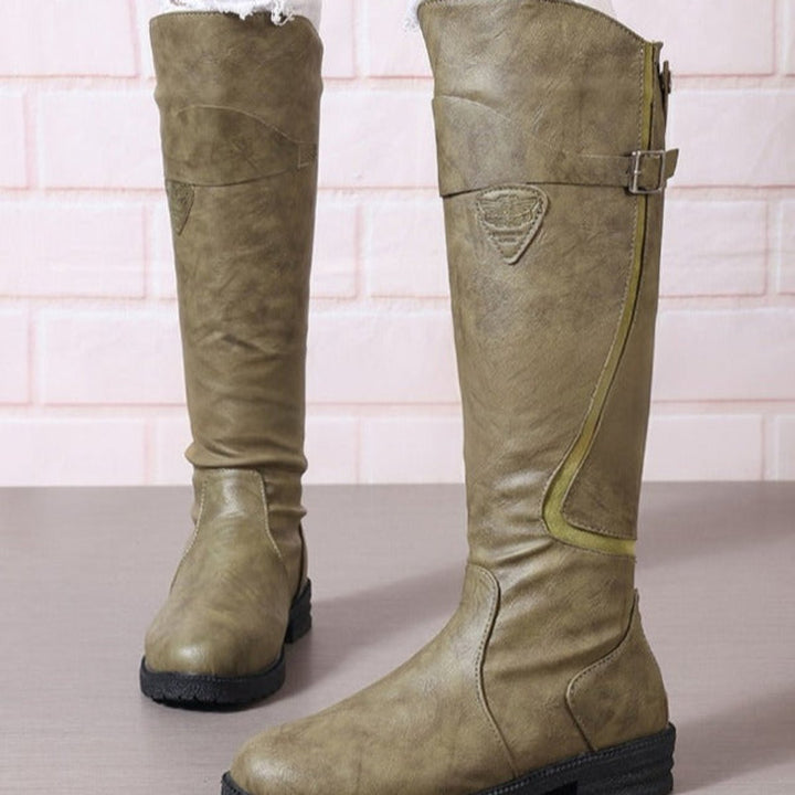Women's Knee-High Leather-Look Block-Heel Riding Boots Gold Buckle - Green