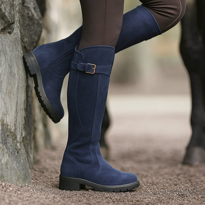 Women's Knee-High Leather-Look Block-Heel Riding Boots Gold Buckle - Navy Blue