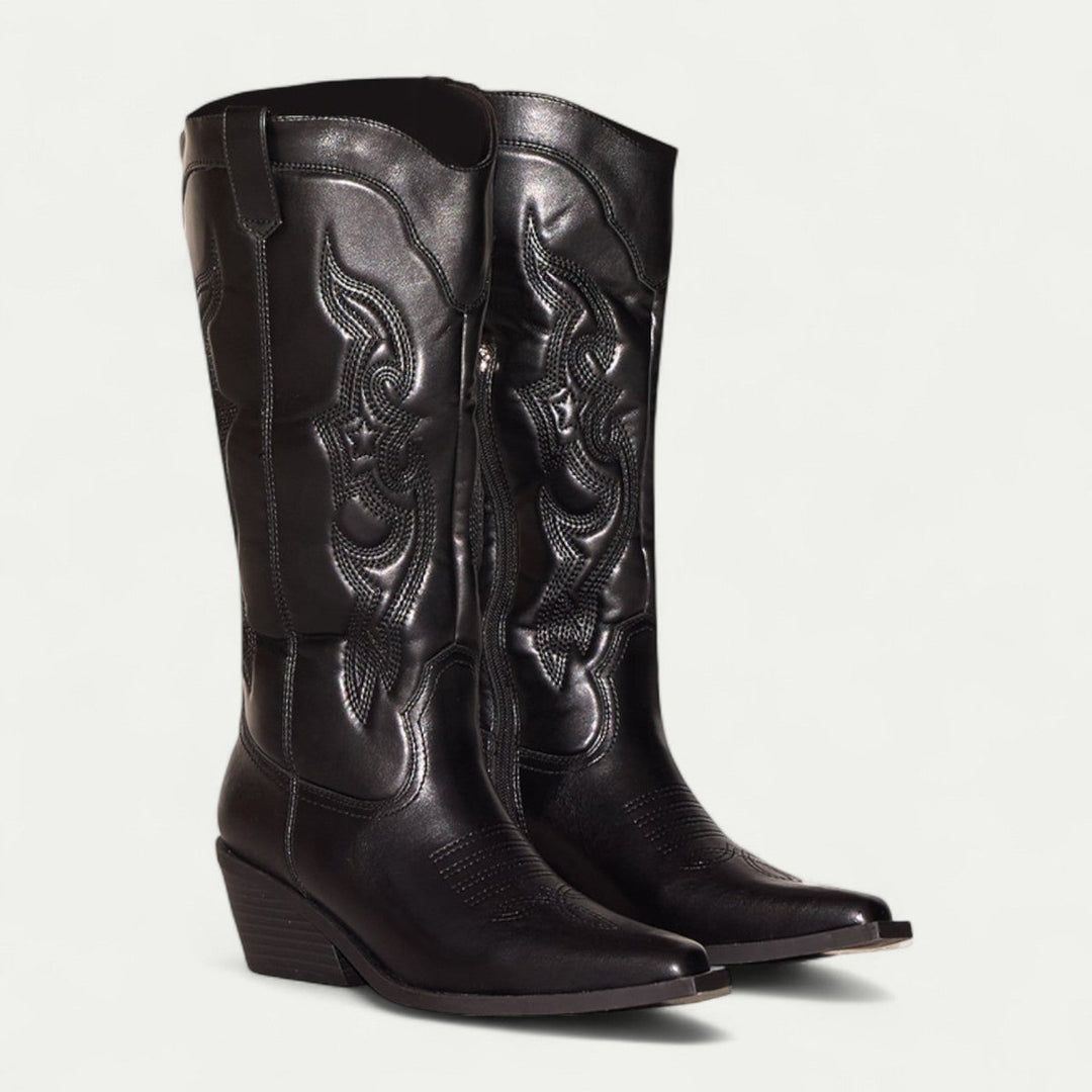 Women's Knee-High Leather Western Cowboy Heeled Boots Pointed Toe - Black