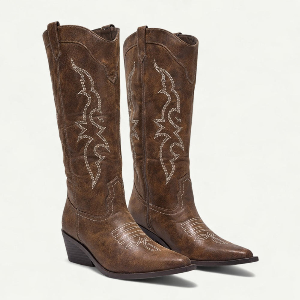 Women's Knee-High Leather Western Cowboy Heeled Boots Pointed Toe - Brown