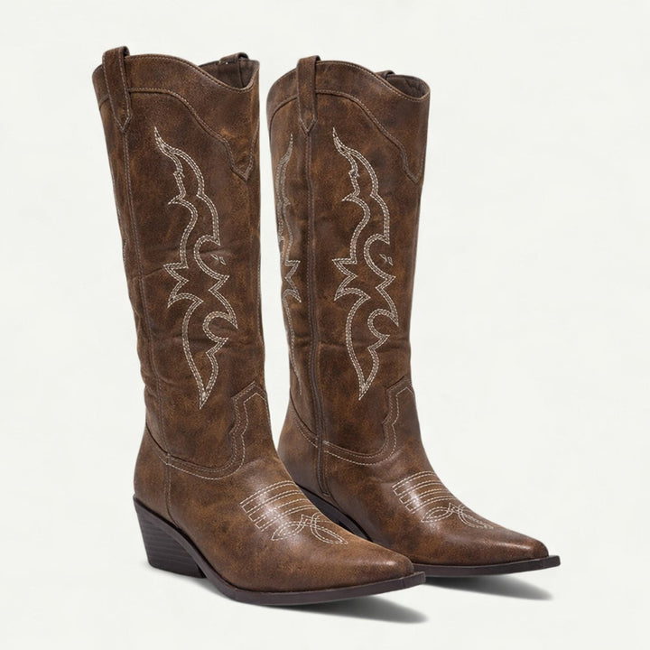 Women's Knee-High Leather Western Cowboy Heeled Boots Pointed Toe - Brown