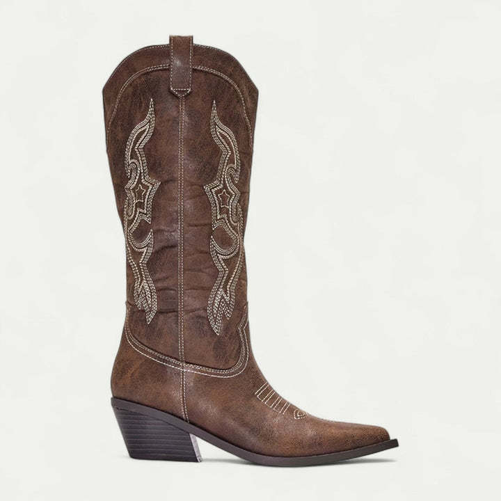 Women's Knee-High Leather Western Cowboy Heeled Boots Pointed Toe