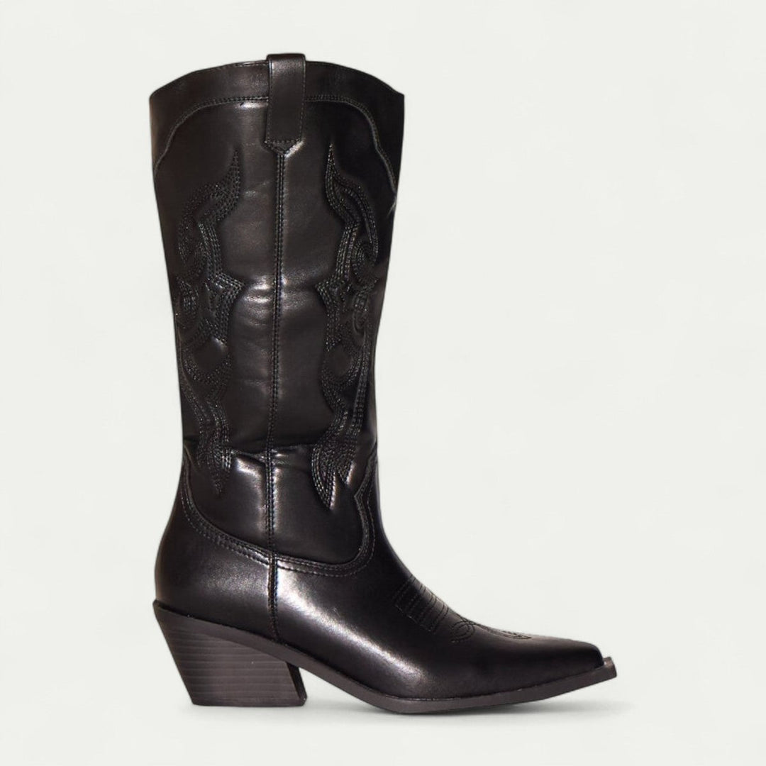 Women's Knee-High Leather Western Cowboy Heeled Boots Pointed Toe