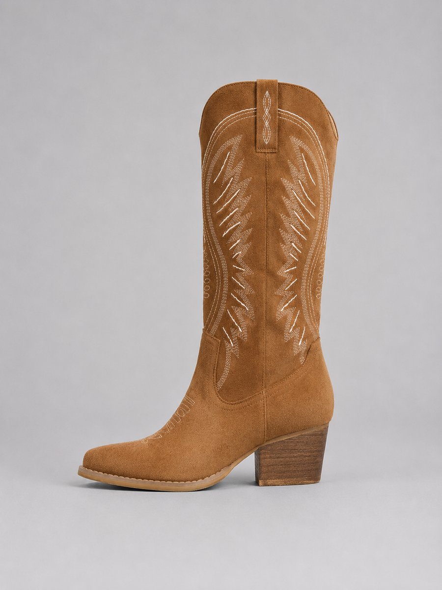 Women's Knee-High Suede Cowboy Heeled Boots Western Embroidered