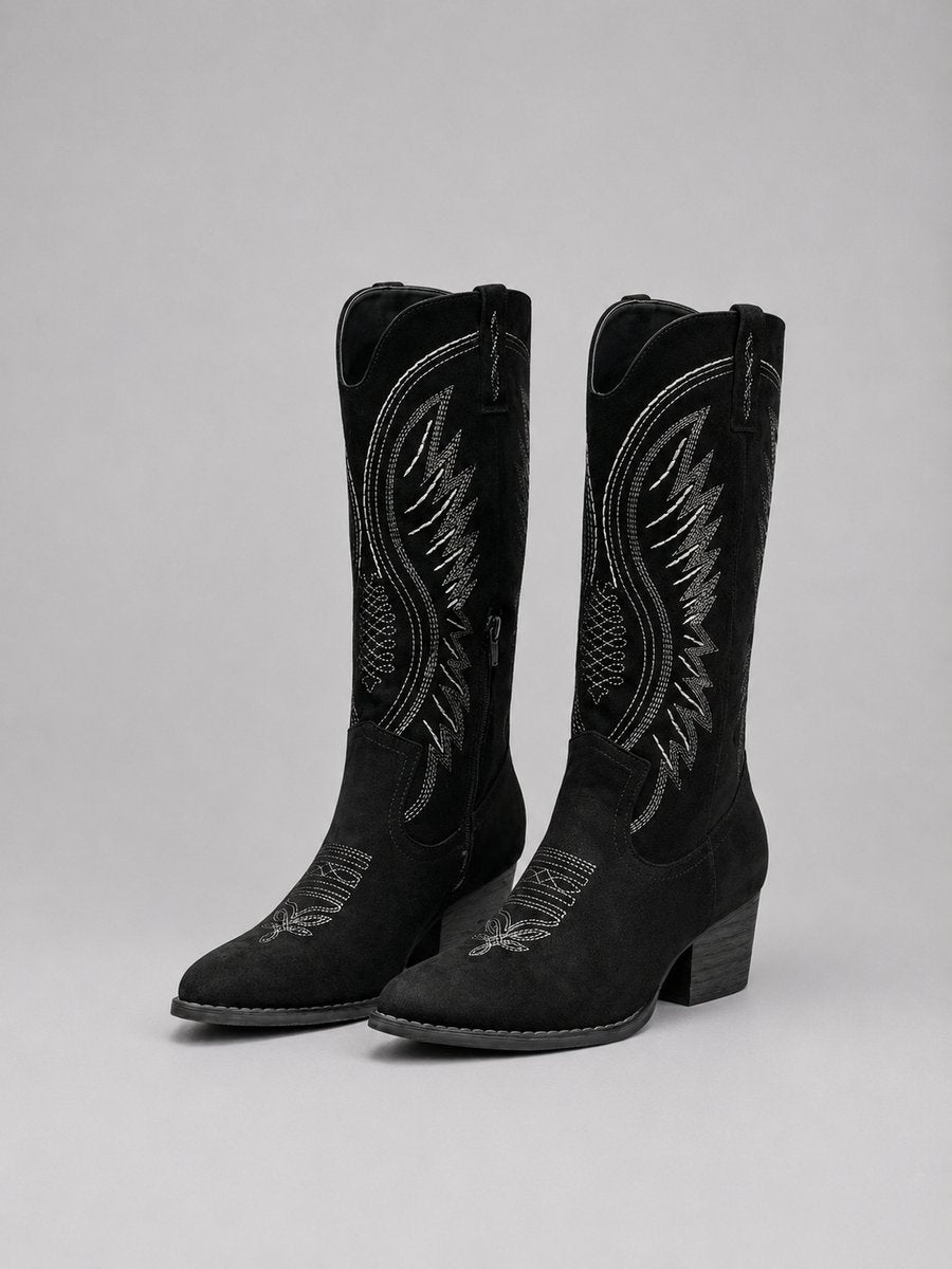 Women's Knee-High Suede Cowboy Heeled Boots Western Embroidered
