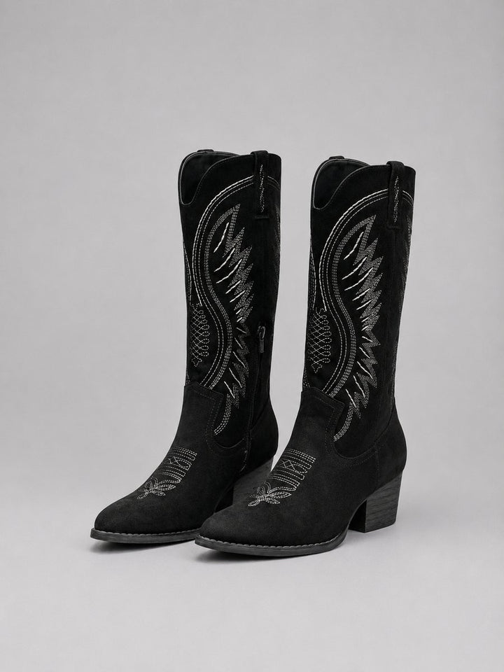 Women's Knee-High Suede Cowboy Heeled Boots Western Embroidered