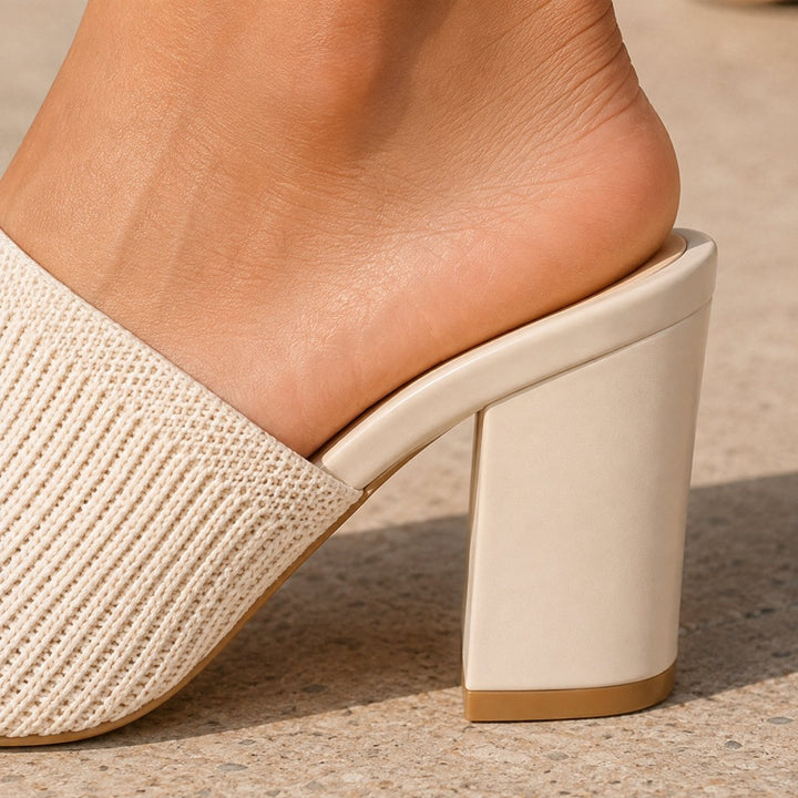 Women's Knit Block-Heel Mule Sandals Open Square Toe