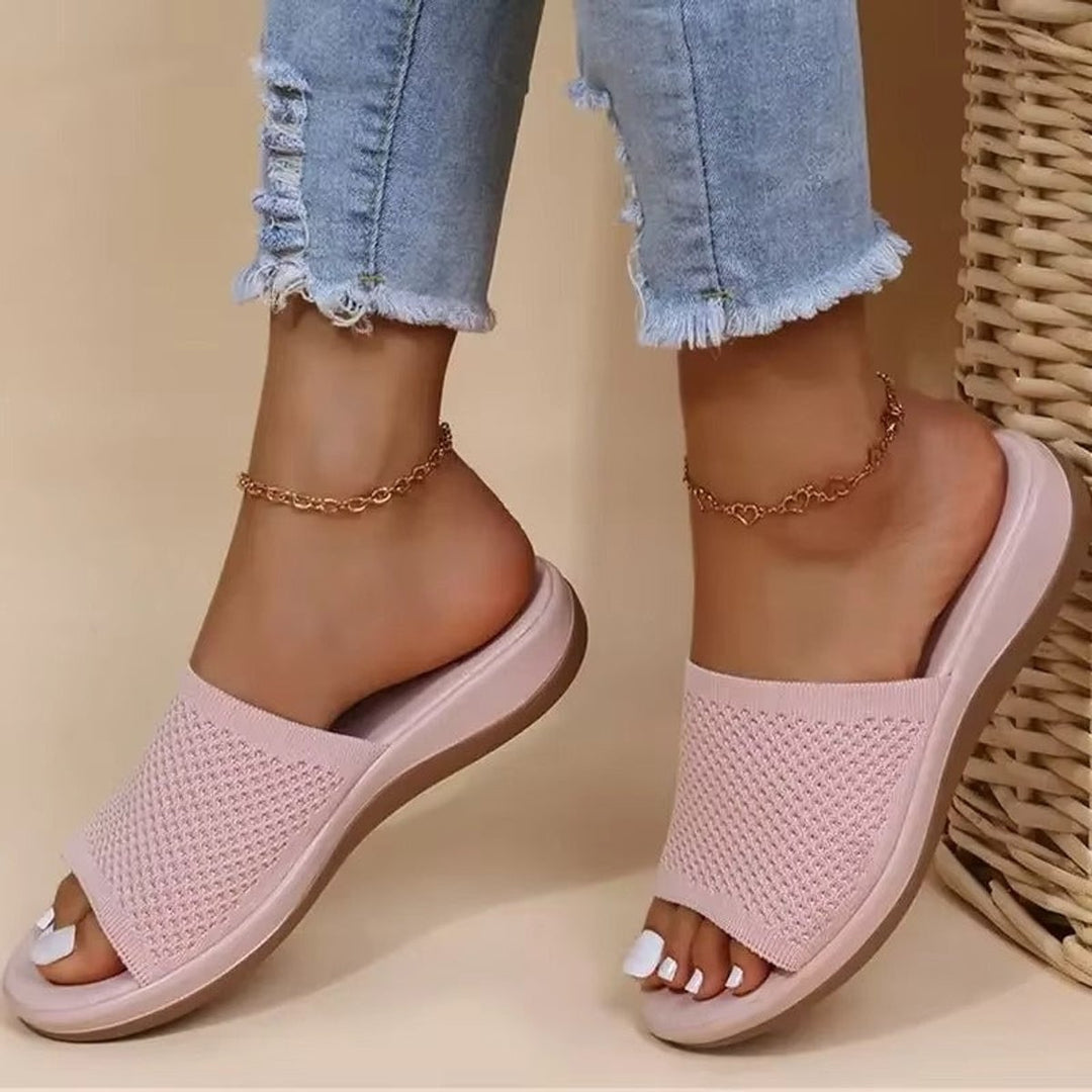 Women's Knit Open-Toe Slip-On Flat Mule Slippers