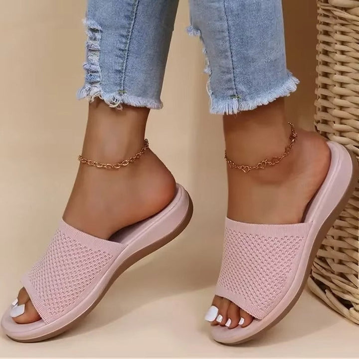 Women's Knit Open-Toe Slip-On Flat Mule Slippers