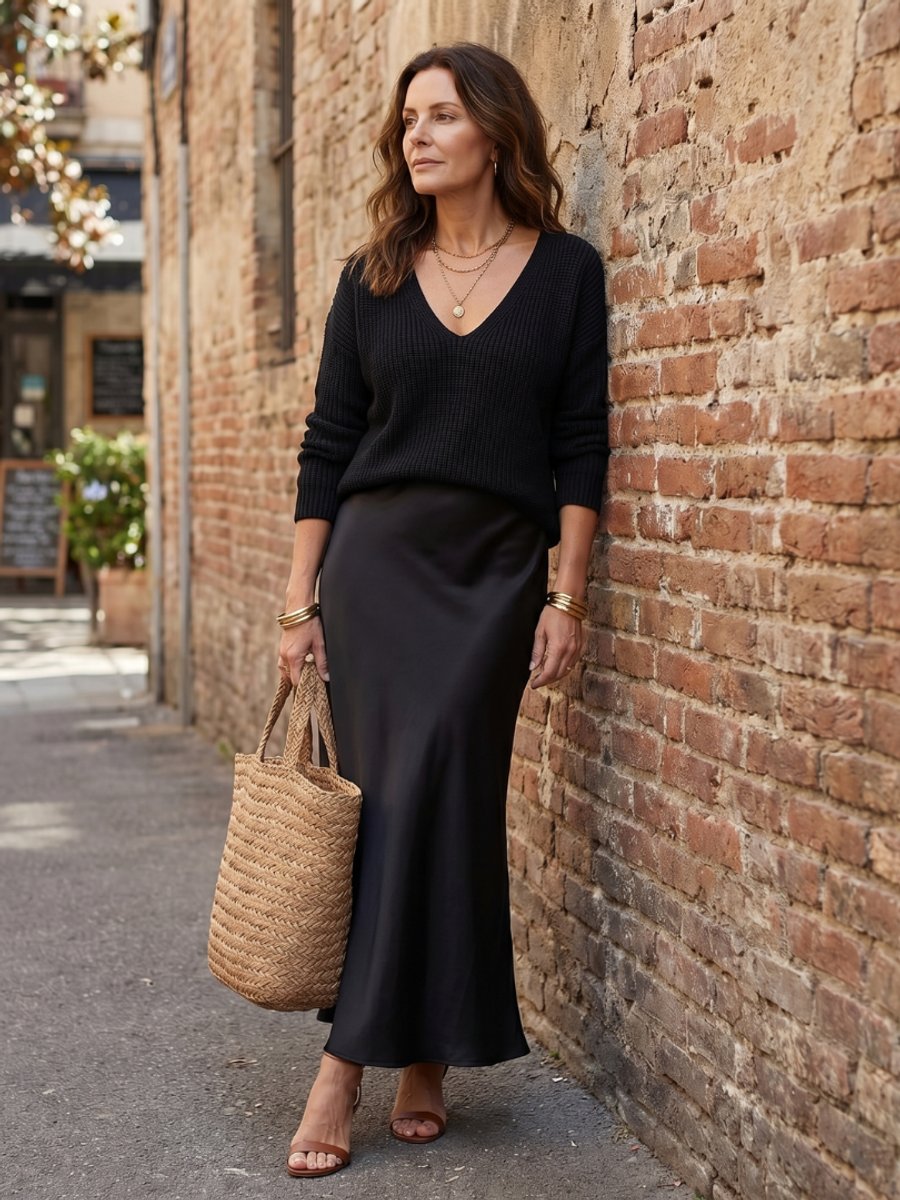 Women's Knitted Jumper Satin Midi Skirt Two-Piece Everyday Day Dress Set