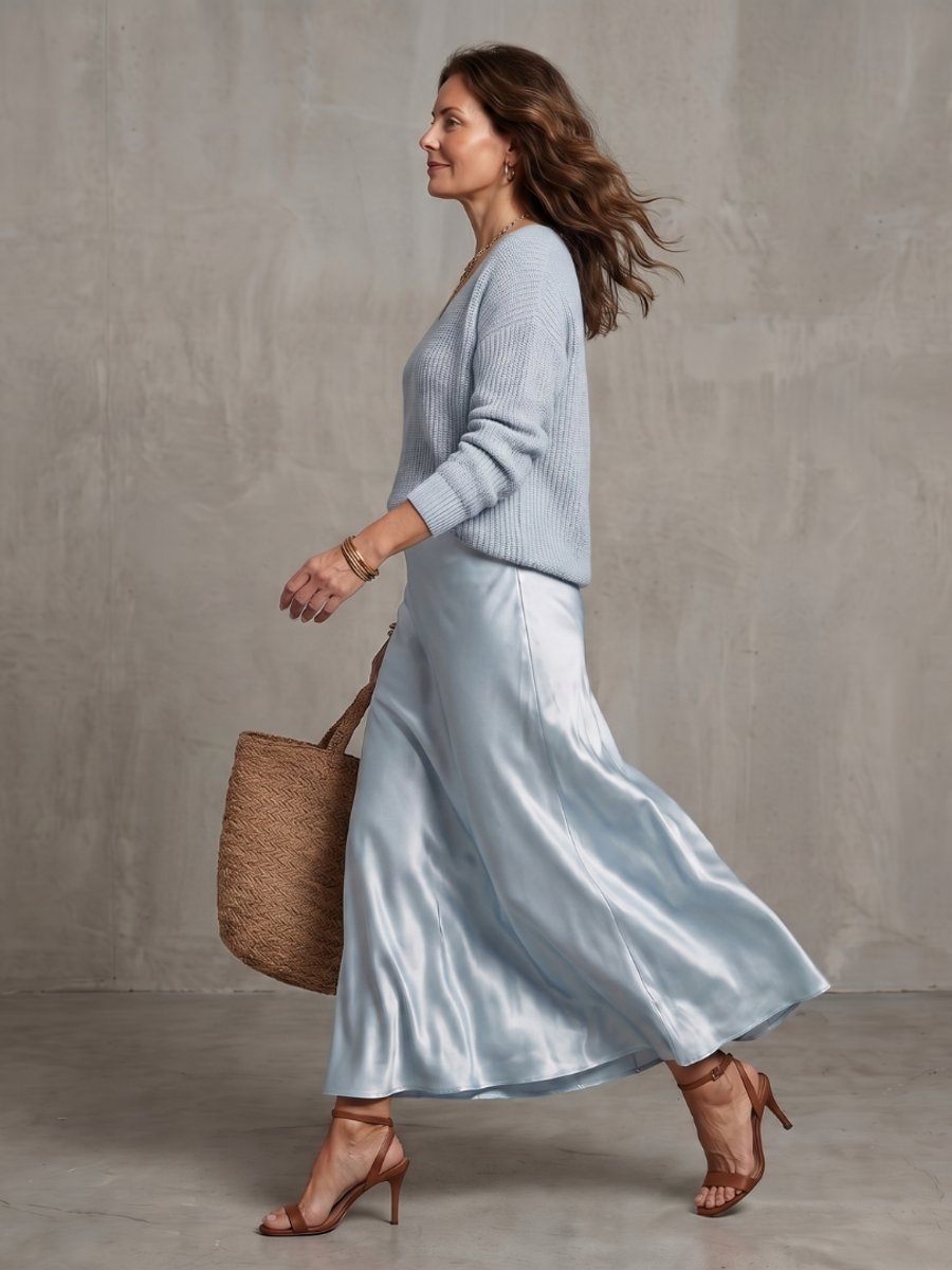 Women's Knitted Jumper Satin Midi Skirt Two-Piece Everyday Day Dress Set